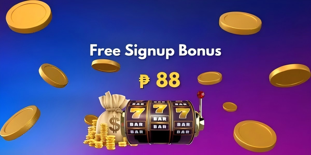 Free signup bonus banner with 88 peso reward, gold coins and a lucky sevens slot machine on a blue-purple gradient