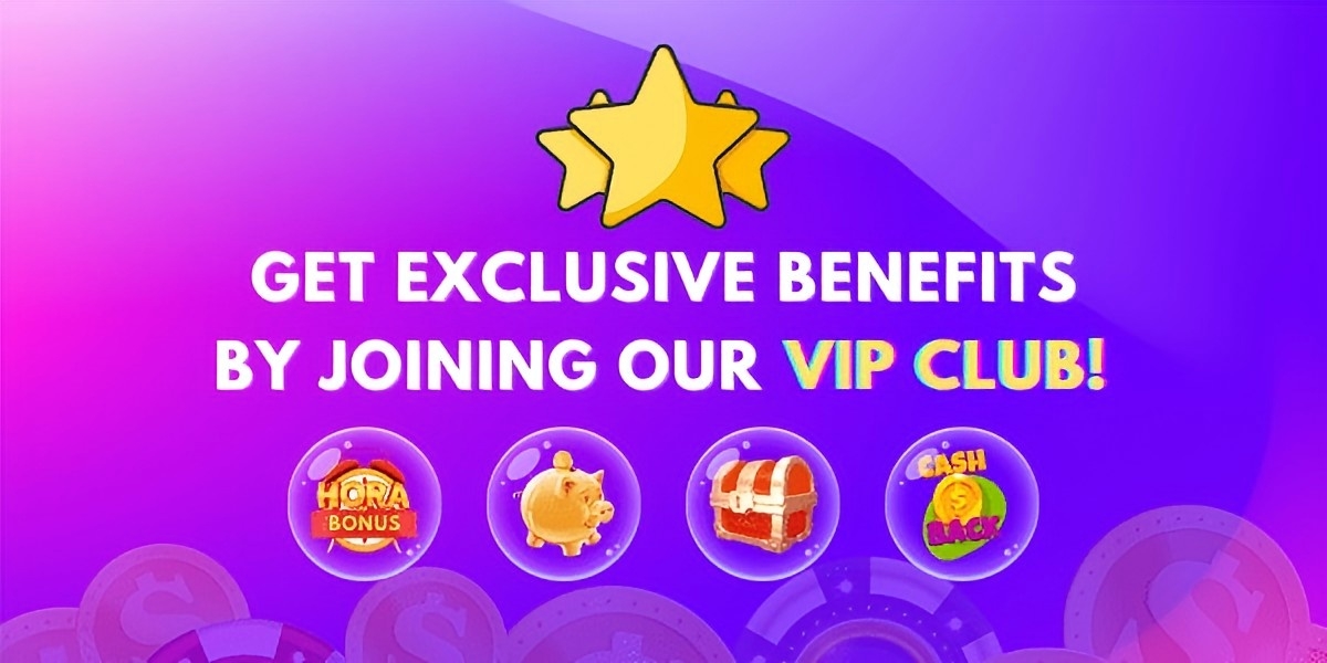 VIP club banner with hourly bonus clock, piggy bank, treasure chest and cash back icons on a pink-purple gradient